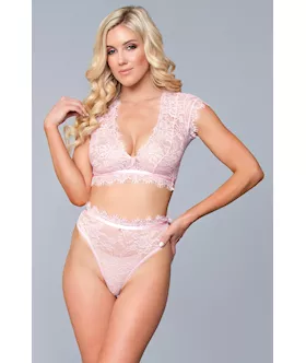 Two Piece Lace Eyelash Crop Bralette and High Waist Thong Set