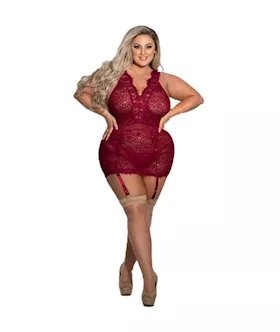 Two Piece Eyelash and Floral Lace Chemise And GString Set