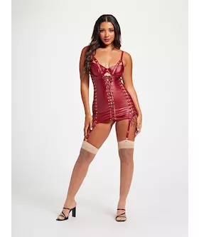 Midnight Love Vegan Leather Two Piece Chemise and Panty Set STM11492WineL