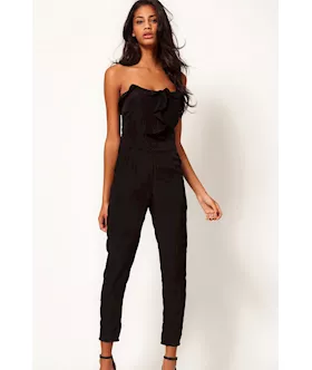 Black Bandeau Jumpsuit With Frill Front