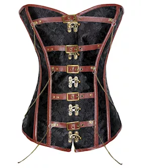 Black Brocade Corset With Brown Leather