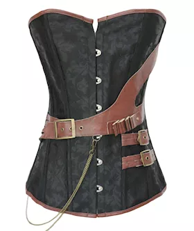 Black Brocade Steampunk Boned Corset With Leather Strap