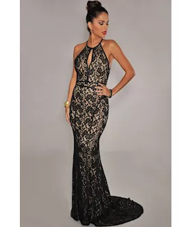 Black Lace Nude Illusion Open Back Evening Gown