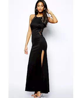 Black Lace Splicing Maxi Evening Dress