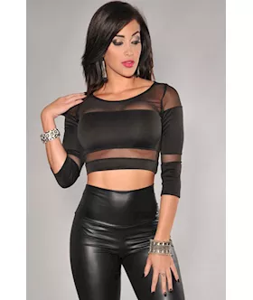 Black Mesh 3 4 Sleeves Cropped Party Club Top