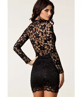 Black Scalloped V Neck Lace Vintage Dress