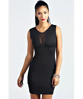 Black Textured Mesh Front Bodycon Dress