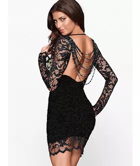 Black Thrilling Beaded Lace Bodycon Dress