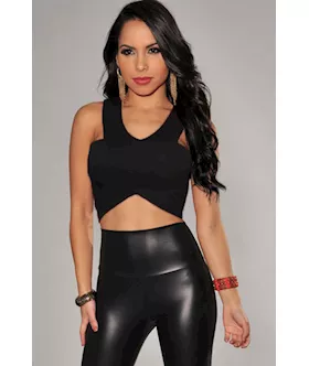 Black Wrap Illusion Cropped Club Top