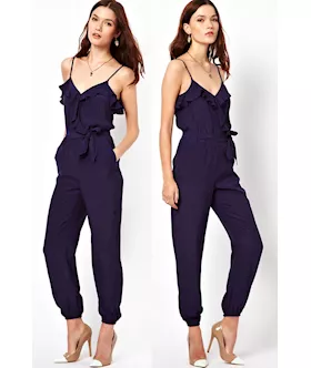 Blue Ruffle Jumpsuit With Belt