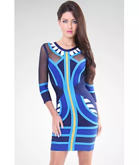Blue Tribal Patchwork Long Sleeves Bandage Dress