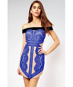 Cut-away Shoulder Blue Eyelash Lace Vintage Dress