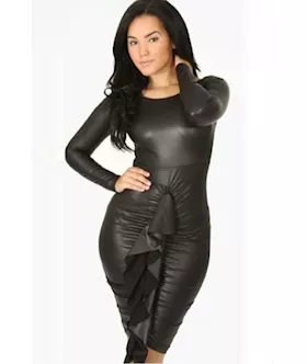 Front Ruffled Long-sleeve Leather Dress