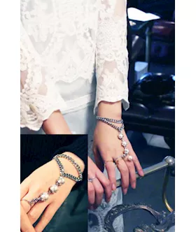 Noble Party Pearl And Chain Bracelet With Ring