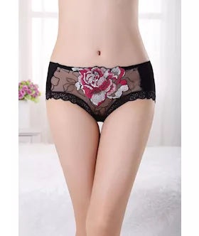 Black Large Peony Embroidered Lace Trim Panties