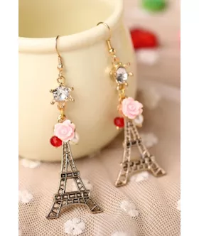 Eiffel Tower Pendant Pink Flower Accent Hook Earrings