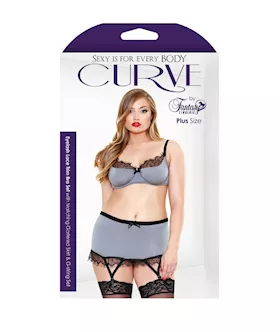Eyelash Lace Trim Bra Set With Garter Skirt & G-string