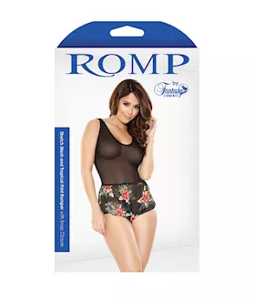 Stretch Mesh & Tropical Print Romper With Snap Closure