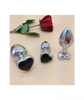 Chrome Butt Plug With Black Heart Shaped Jem