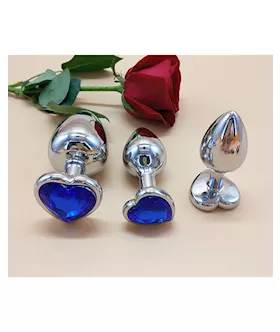 Chrome Butt Plug With Blue Heart Shaped Jem