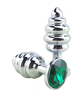 Ribbed Chrome Butt Plug With Gem