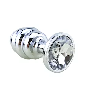 Ribbed Chrome Butt Plug With Gem