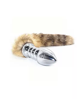 Rippled Chrome Butt Plug With Furry Tail