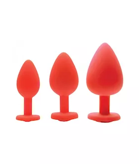 Red Hearts 3 Piece Silicone Anal Plugs Set With Gem Accents