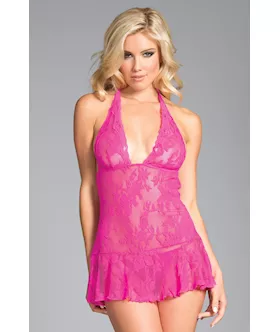 Lace Halterneck Babydoll With Thong