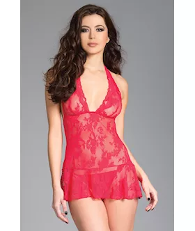 Lace Halterneck Babydoll With Thong