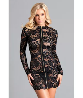 One Piece Front Zip Lace Mini Dress - M