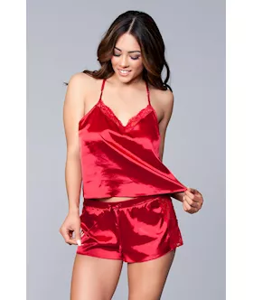 Two-piece Relaxed Fit Satin Cami And Short Set - M