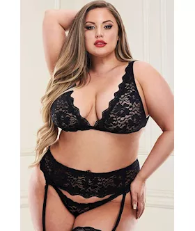 3 Piece Lacey Bra Garter Skirt And G-string Set