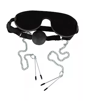 Mask With Ball Gag And Nipple Clamps