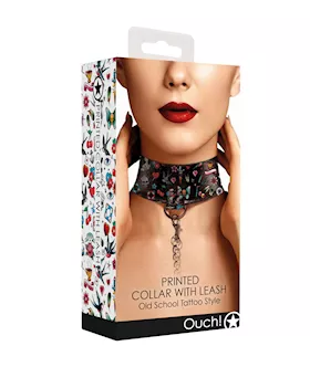 Printed Collar With Leash - Old School Tattoo Style  