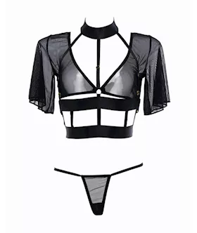 Adore Dreamer Sheer Mesh Strappy Top & Thong Black O/s