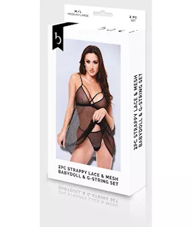 Baci 2pc Strappy Lace & Mesh Babydoll & G-string Set-m/l Bx