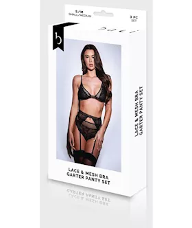 Baci 3pc Lace & Mesh Bra, Garter & Panty Set-blk-m/l Bx
