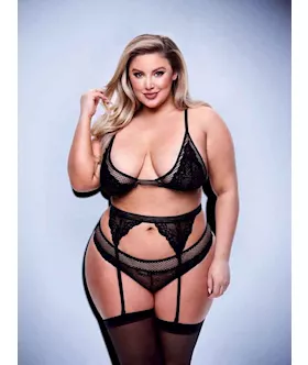 Baci 3pc Lace  Mesh Bra Garter  Panty SetBLK Q BX