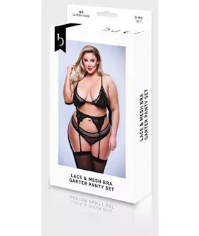 Baci 3pc Lace & Mesh Bra, Garter & Panty Set-blk- Q Bx