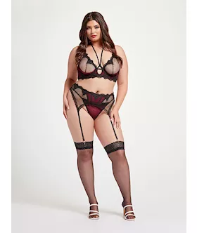Nothing But Net Three Piece Bra Set Set Stm-11458x-black/wine-3x/4x