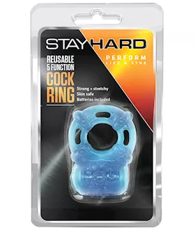Blush Stay Hard Vibrating Reusable 5 Function Cock Ring - Blue