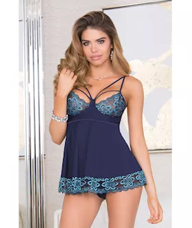 Lace & Microfiber Babydoll W/soft Cups & G-string Blue Md