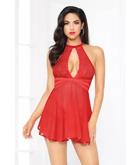 Lace Mesh Babydoll W/strappy Waist & Panty W/criss Cross Waistband Red Lg
