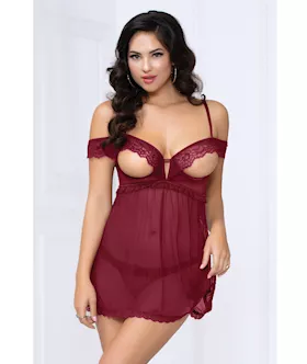 Lace & Mesh Open Cups Babydoll W/fly Away Back & Panty Wine Md