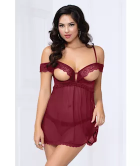 Lace & Mesh Open Cups Babydoll W/fly Away Back & Panty Wine Sm