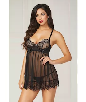 Eyelash Galloon Lace & Mesh Babydoll & Thong Black Xl