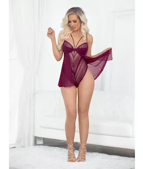 European Lace Teddy Babydoll Wine Sm