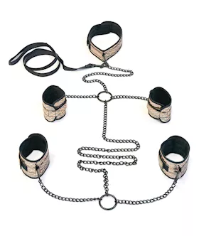 Spartacus Faux Leather Collar To Wrist & Ankle Restraints Bondage Kit W/leash - Gold