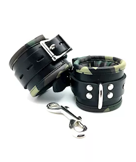 Sensual Sin Leather Padded Wrist Cuffs - Camo Piping